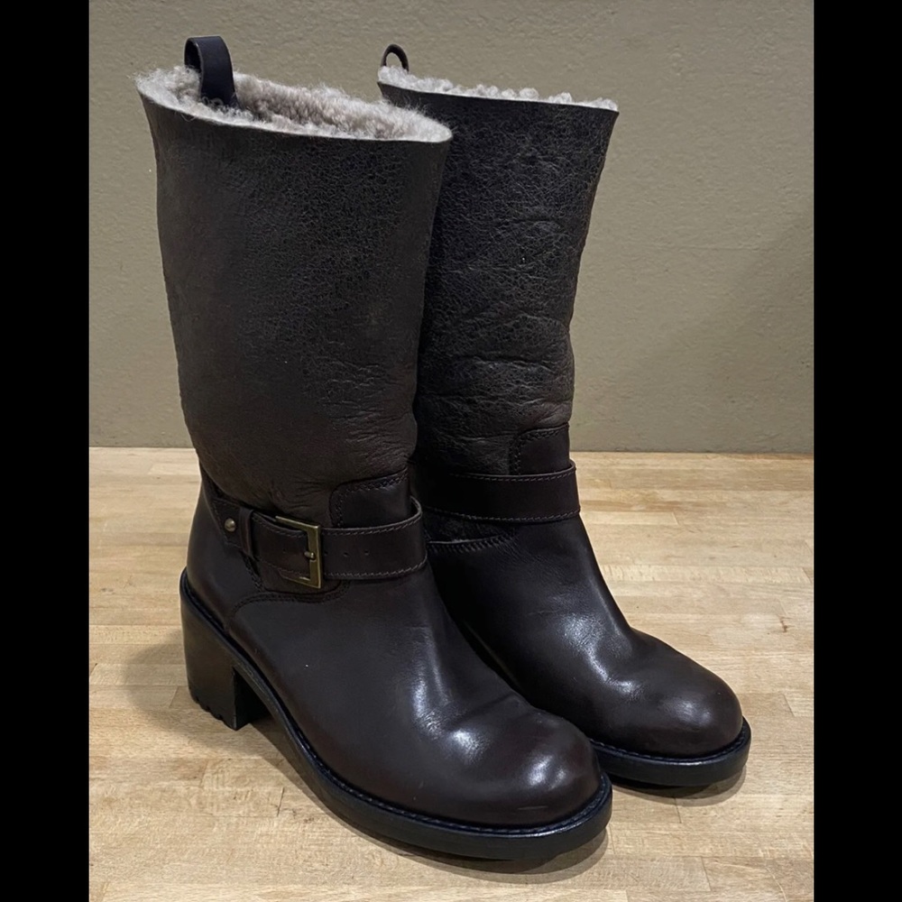 Max & Co brown chunky heeled Leather boots buckle Women’s size 8 / 38 EUC